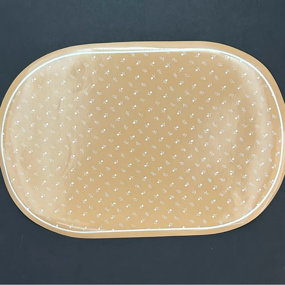 Vintage Kane Kraft Neutral Floral Patterned Tan Foam Vinyl Placemats, Set of 7